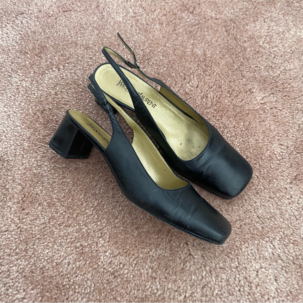 Saint Laurent Black Leather Square-Toe Slingback Heels